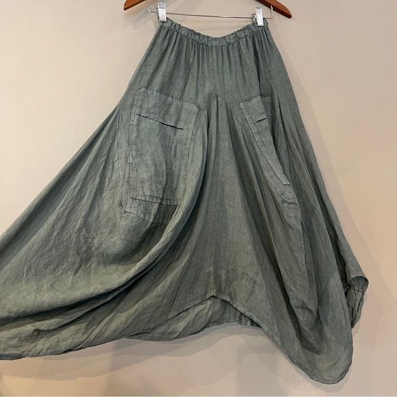 Tempo Paris Linen Skirt Washed Olive Green Sz M Italy Made Boho Lagenlook - Picture 7 of 15